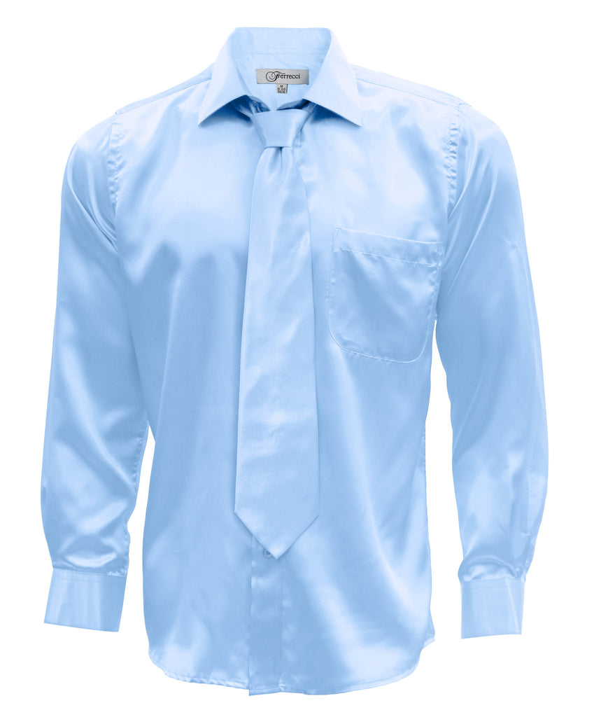 Sky Blue Satin Regular Fit Dress Shirt, Tie & Hanky Set - FHYINC best men