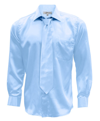 Sky Blue Satin Regular Fit French Cuff Dress Shirt, Tie & Hanky Set