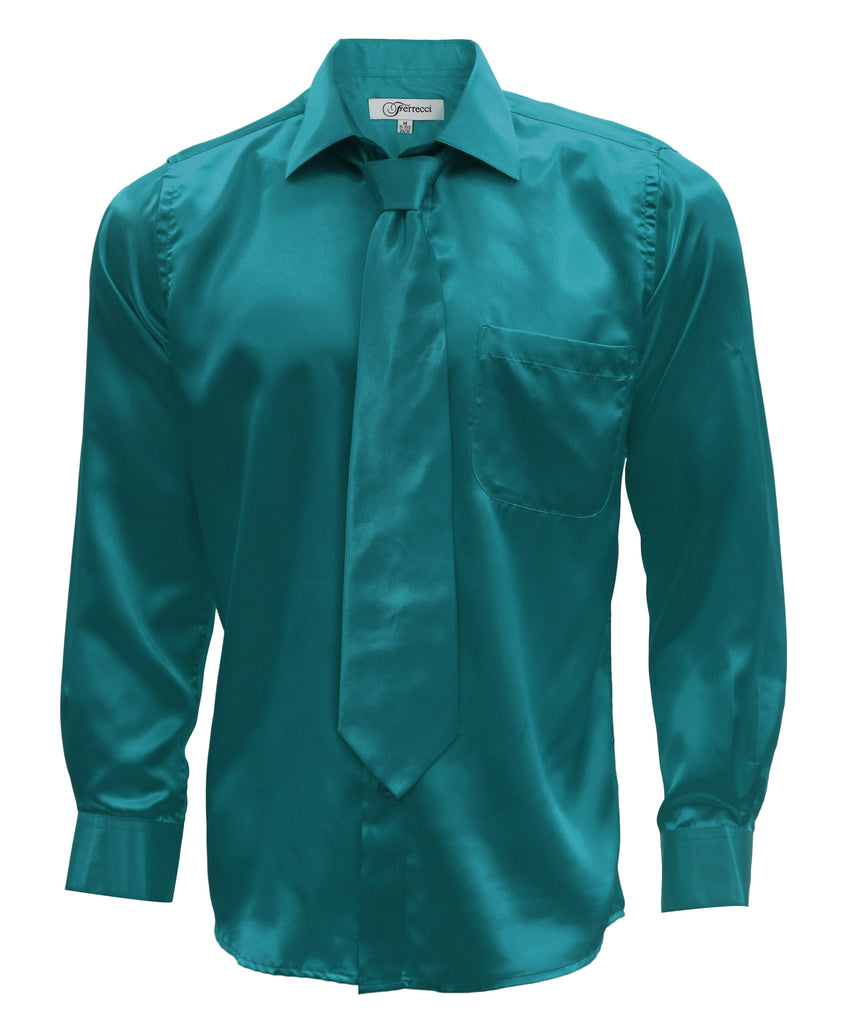 Teal Satin Regular Fit Dress Shirt, Tie & Hanky Set - FHYINC best men