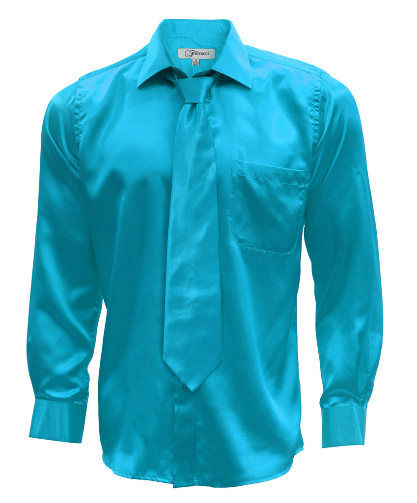 Turquoise Satin Regular Fit Dress Shirt, Tie & Hanky Set - FHYINC best men