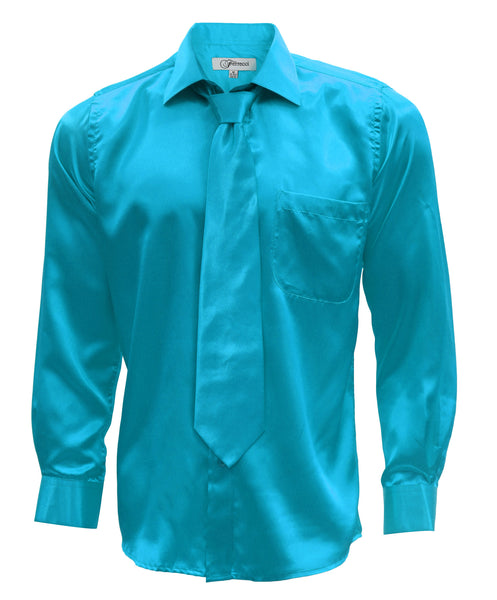 Turquoise Satin Regular Fit Dress Shirt, Tie & Hanky Set - FHYINC best men's suits, tuxedos, formal men's wear wholesale