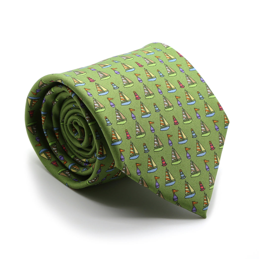 Sailboat Green Necktie with Handkerchief Set - FHYINC best men