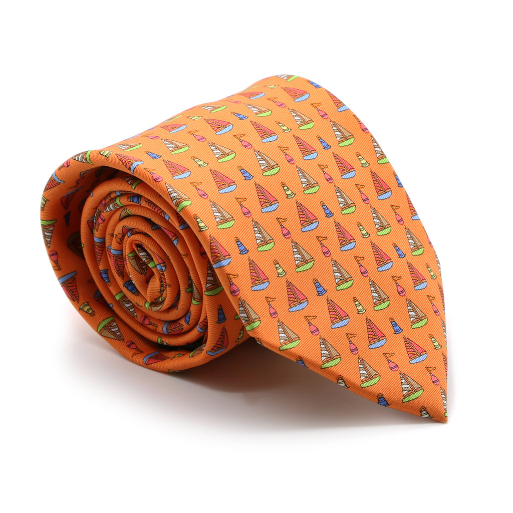 Sailboat Orange Necktie with Handkerchief Set - FHYINC best men