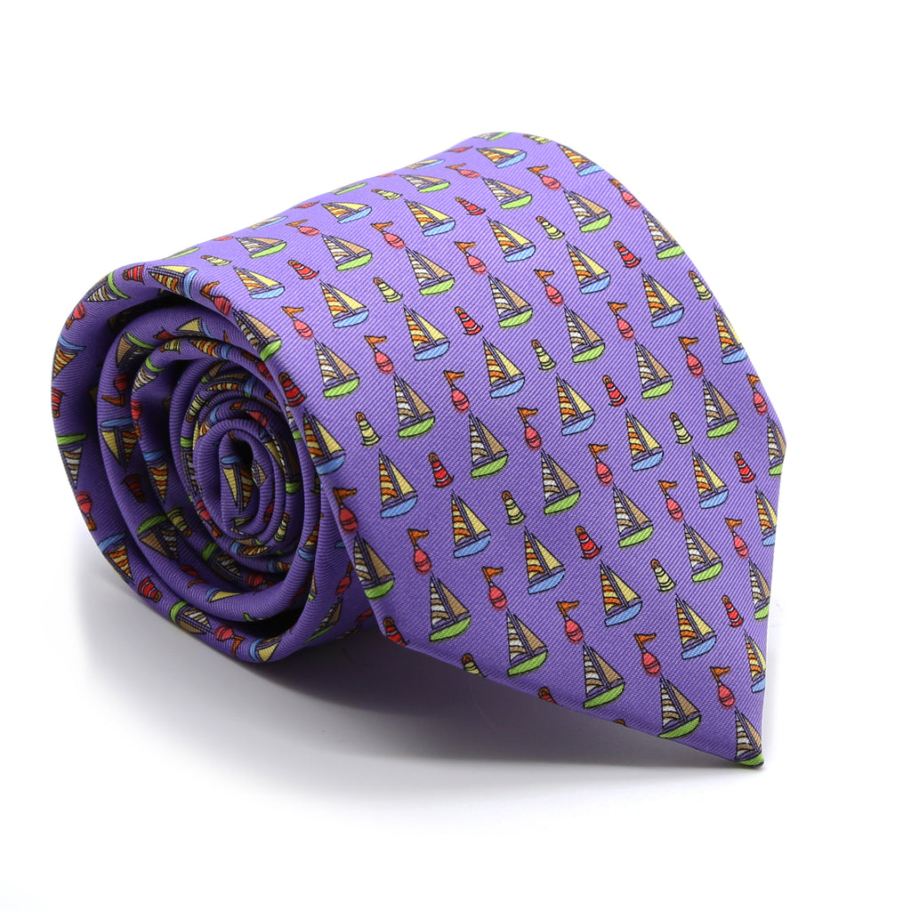 Sailboat Purple Necktie with Handkerchief Set - FHYINC best men