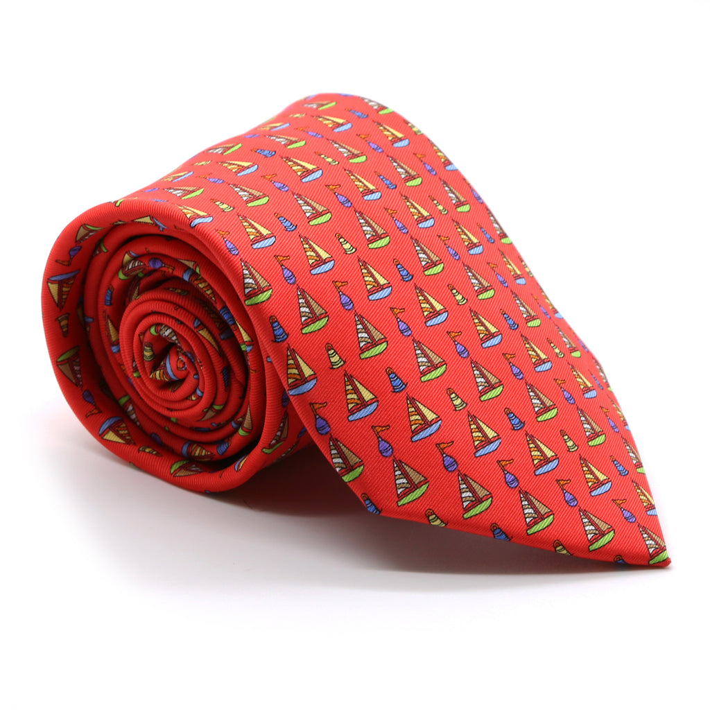 Sailboat Red Necktie with Handkerchief Set - FHYINC best men