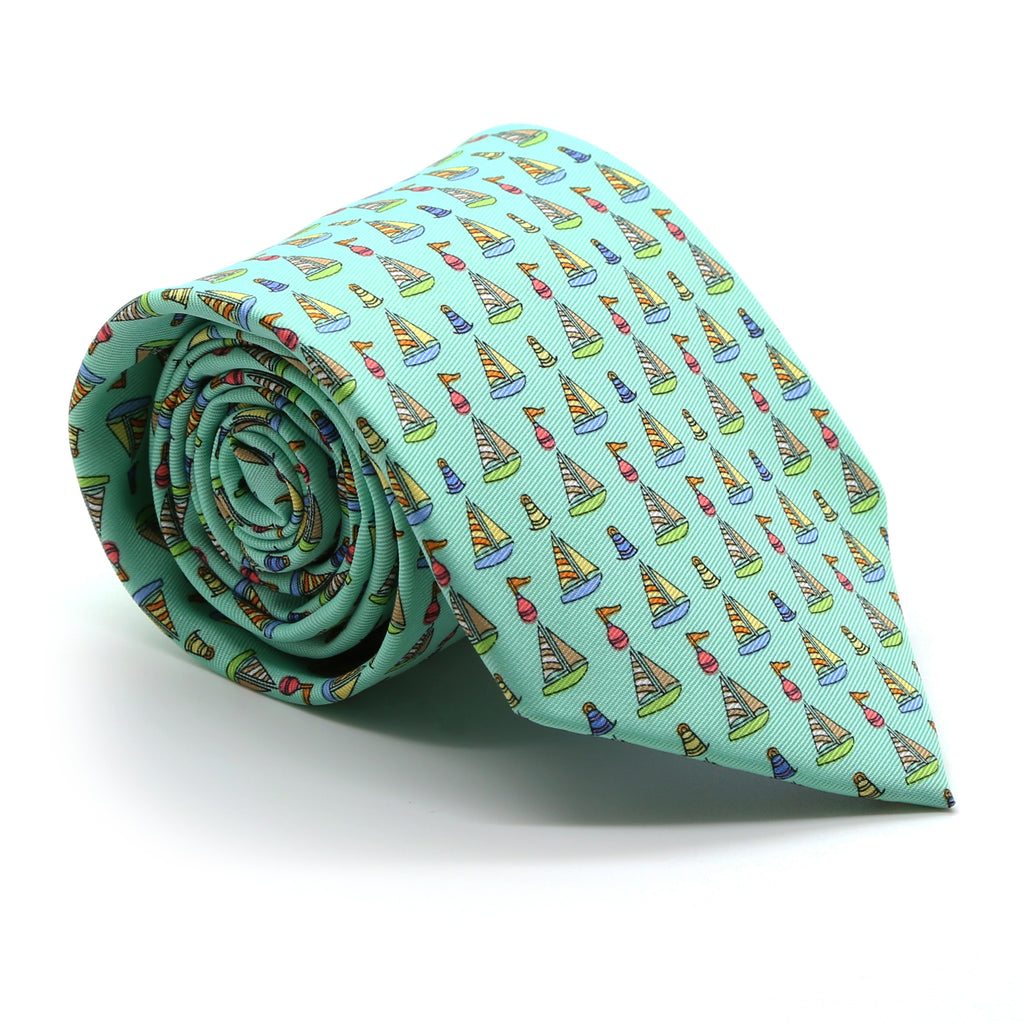 Sailboat Turquoise Necktie with Handkerchief Set - FHYINC best men