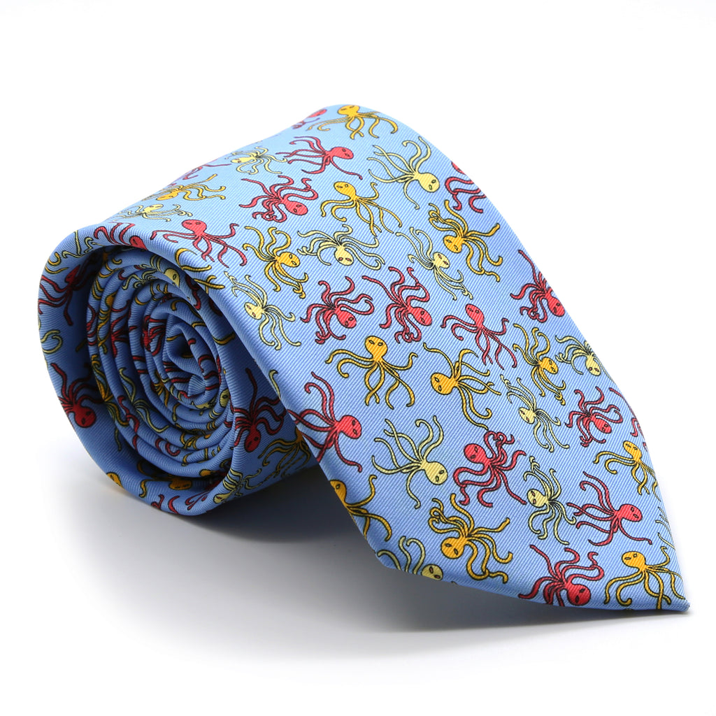 Octopus Blue Necktie with Handkerchief Set - FHYINC best men