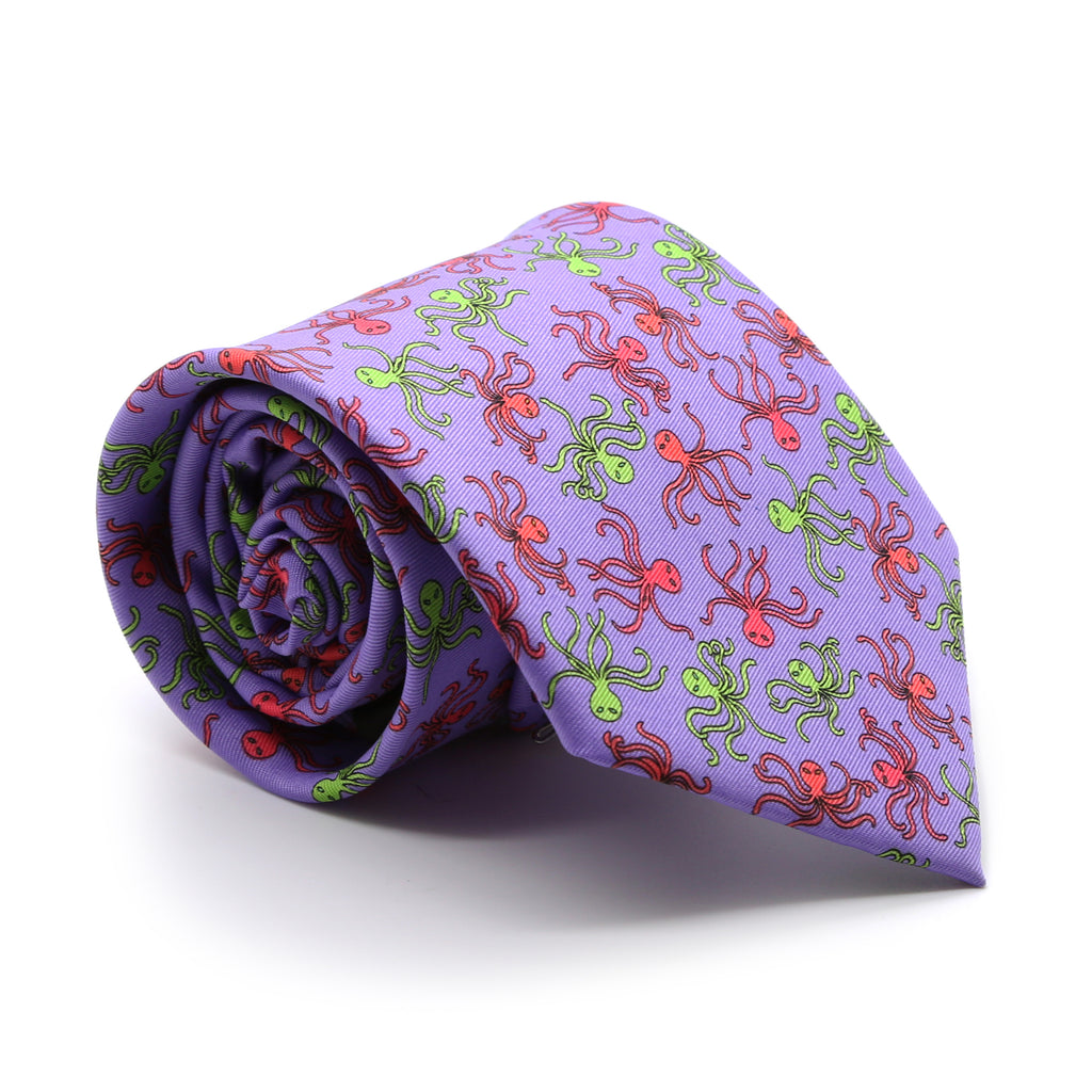 Octopus Purple Necktie with Handkerchief Set - FHYINC best men