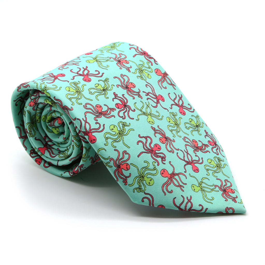 Octopus Turquoise Necktie with Handkerchief Set - FHYINC best men