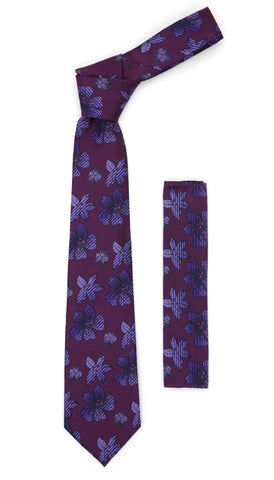 Wine Purple Floral Necktie with Handkerchief Set