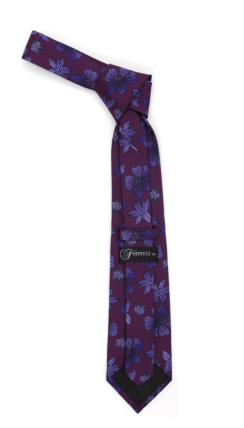 Wine Purple Floral Necktie with Handkerchief Set - FHYINC best men's suits, tuxedos, formal men's wear wholesale