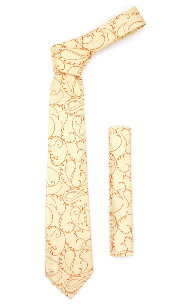 Gold Orange Floral Design Necktie with Handkerchief Set - FHYINC best men