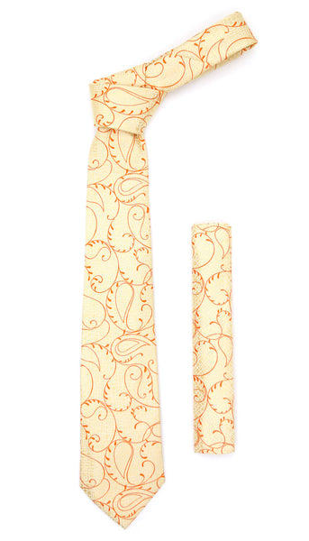 Gold Orange Floral Design Necktie with Handkerchief Set - FHYINC best men's suits, tuxedos, formal men's wear wholesale