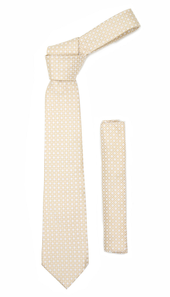 Beige Geometric Necktie with Handkerchief Set - FHYINC best men