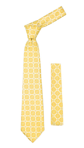 Floral Yellow Necktie with Handkderchief Set
