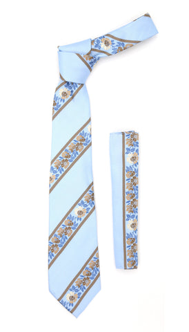 Microfiber Baby Blue Floral Striped Tie and Hankie Set