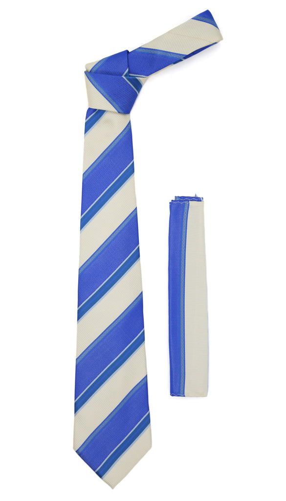 Microfiber Blue Beige Striped Tie and Hankie Set - FHYINC best men