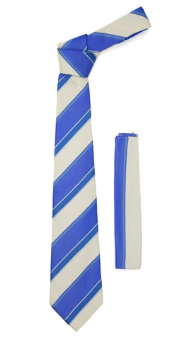 Microfiber Blue Beige Striped Tie and Hankie Set