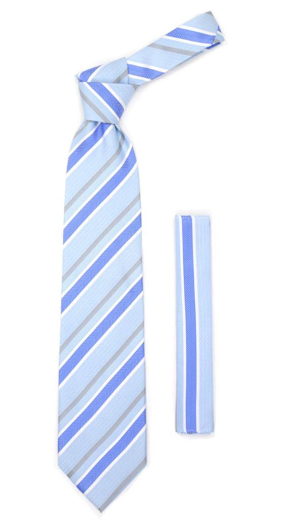 Microfiber Sky Blue Grey Striped Tie and Hankie Set - FHYINC best men