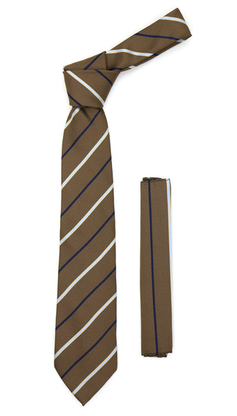Microfiber Brown Baby Blue Striped Tie and Hankie Set - FHYINC best men's suits, tuxedos, formal men's wear wholesale