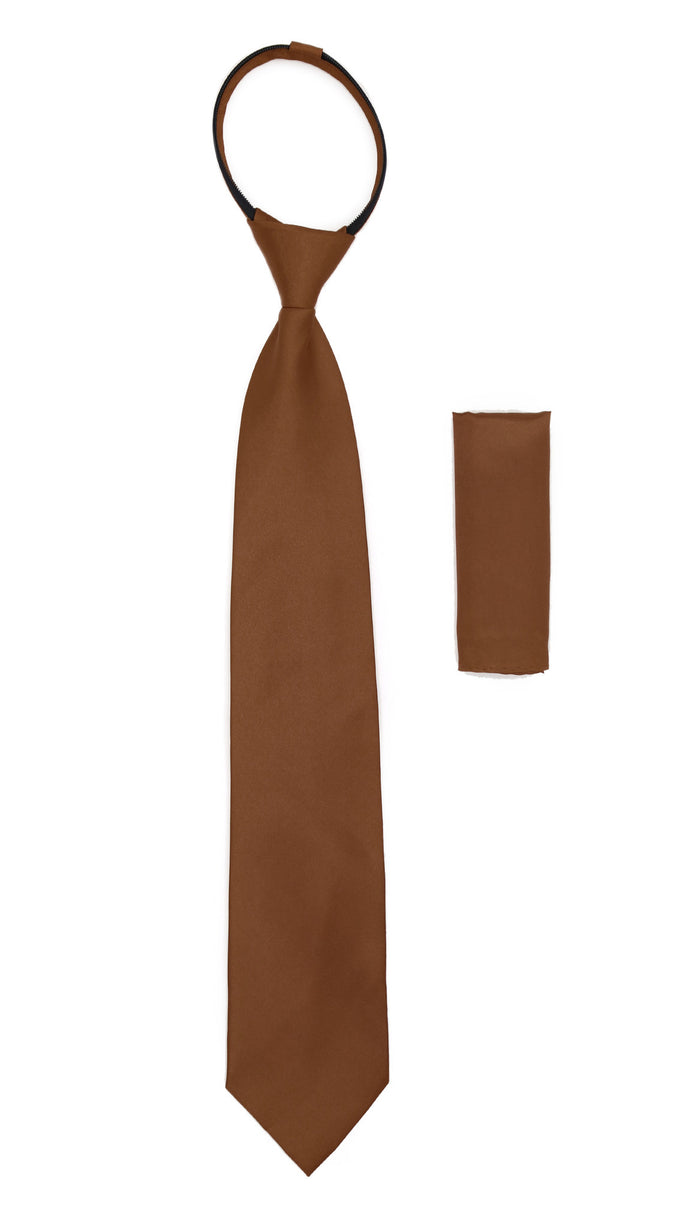 Satine Brown Zipper Tie with Hankie Set - FHYINC best men's suits, tuxedos, formal men's wear wholesale