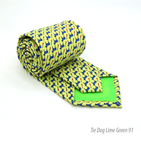 Dog Lime Green Necktie with Handkerchief Set