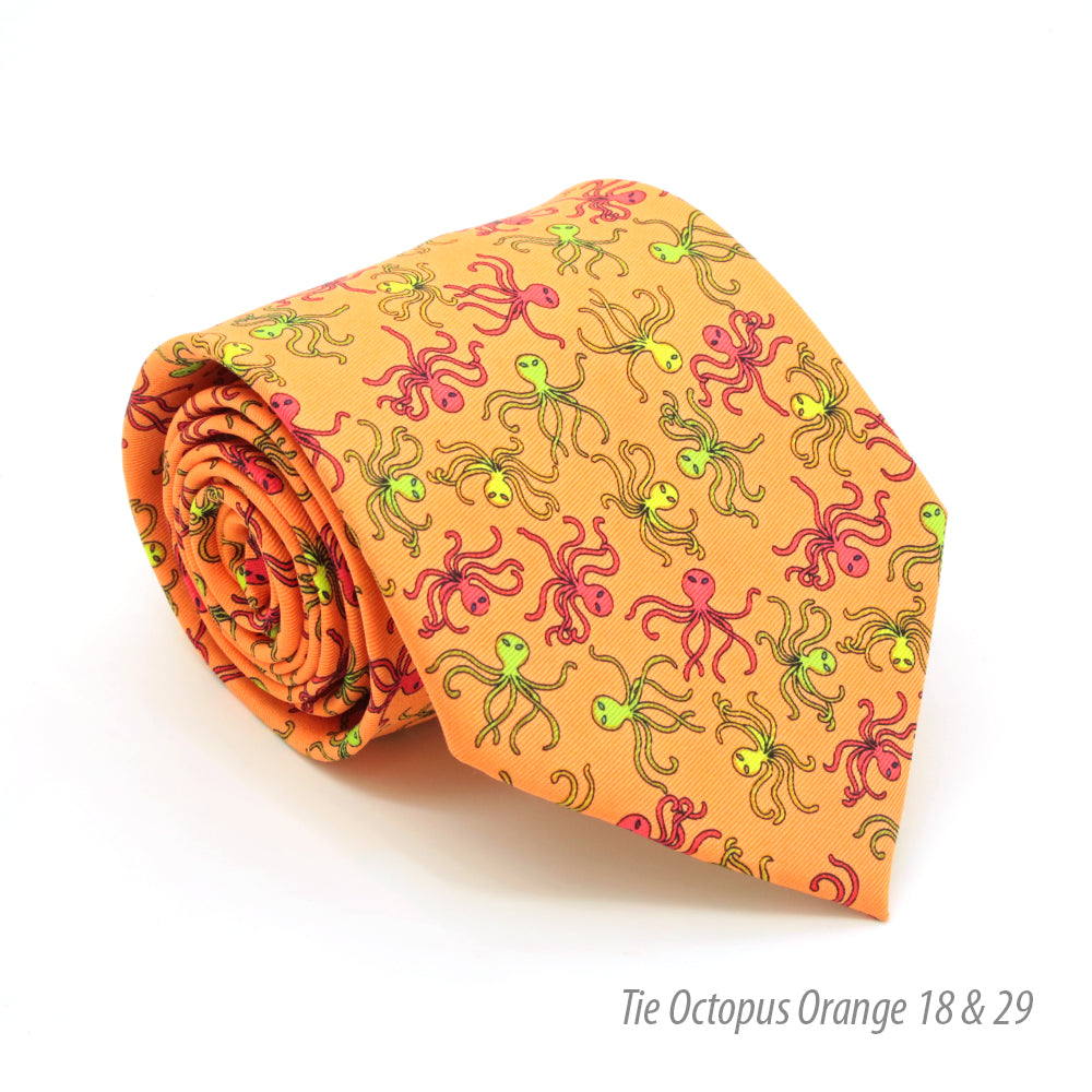 Octopus Orange Necktie with Handkerchief Set - FHYINC best men