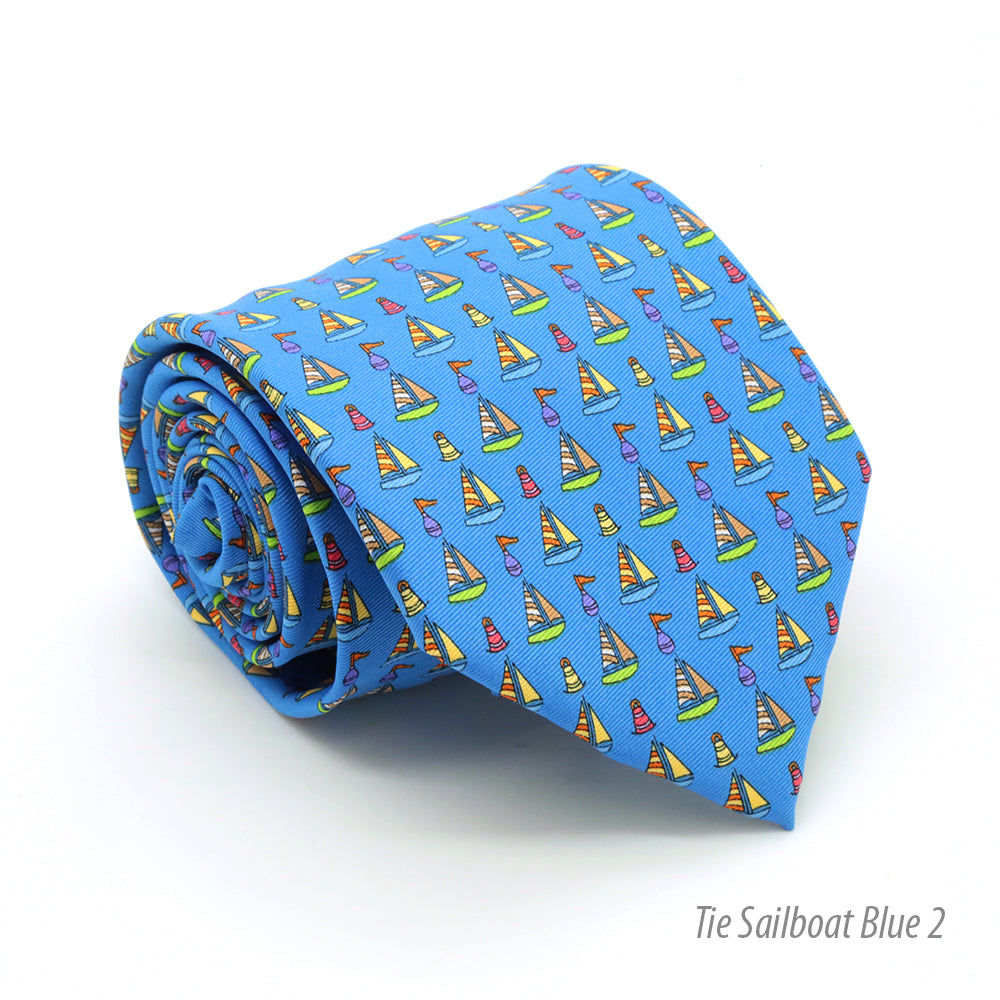 Sailboat Blue Necktie with Handkerchief Set - FHYINC best men