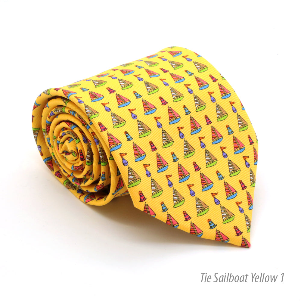 Sailboat Yellow Necktie with Handkerchief Set - FHYINC best men