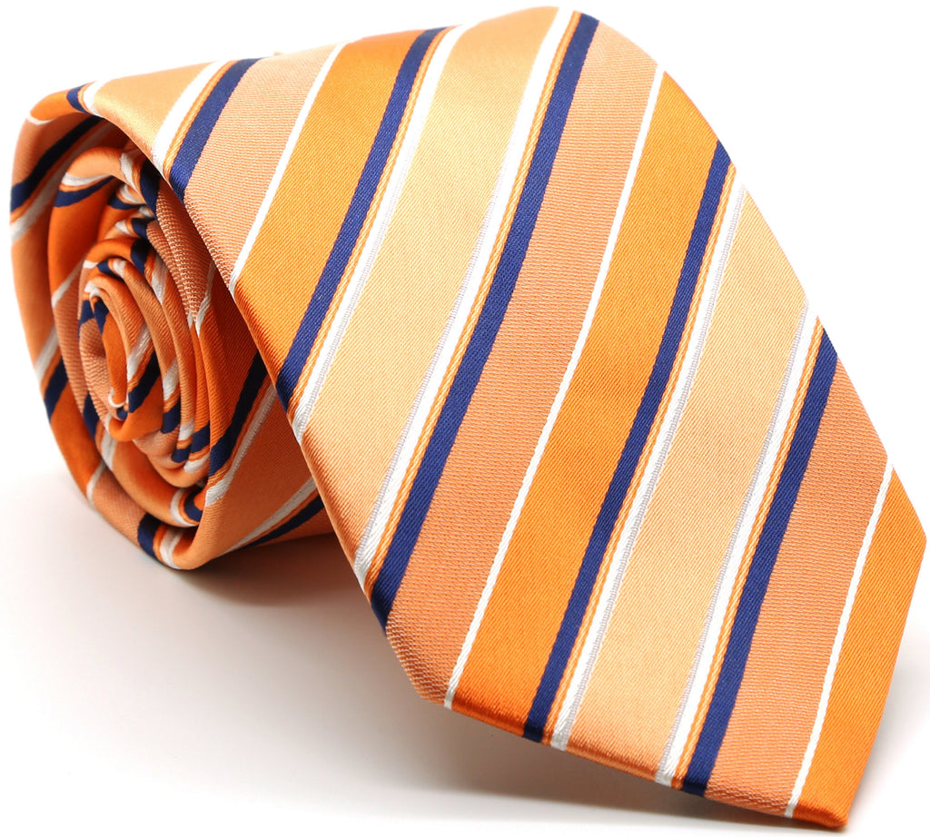 Mens Dads Classic Orange Striped Pattern Business Casual Necktie & Hanky Set U-4 - FHYINC best men