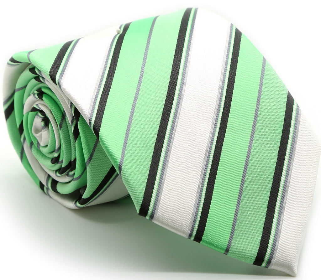Mens Dads Classic Green Striped Pattern Business Casual Necktie & Hanky Set U-6 - FHYINC best men