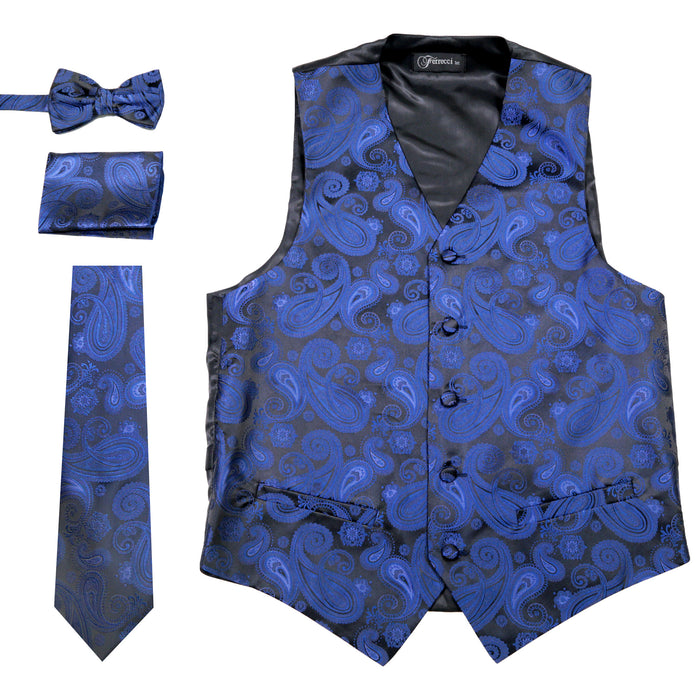 Ferrecci Mens Blue/Black Paisley Wedding Prom Grad Choir Band 4pc Vest Set - FHYINC best men's suits, tuxedos, formal men's wear wholesale