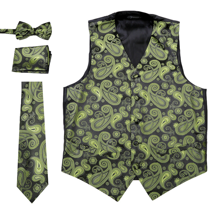 Ferrecci Mens Green/Black Paisley Wedding Prom Grad Choir Band 4pc Vest Set - FHYINC best men's suits, tuxedos, formal men's wear wholesale