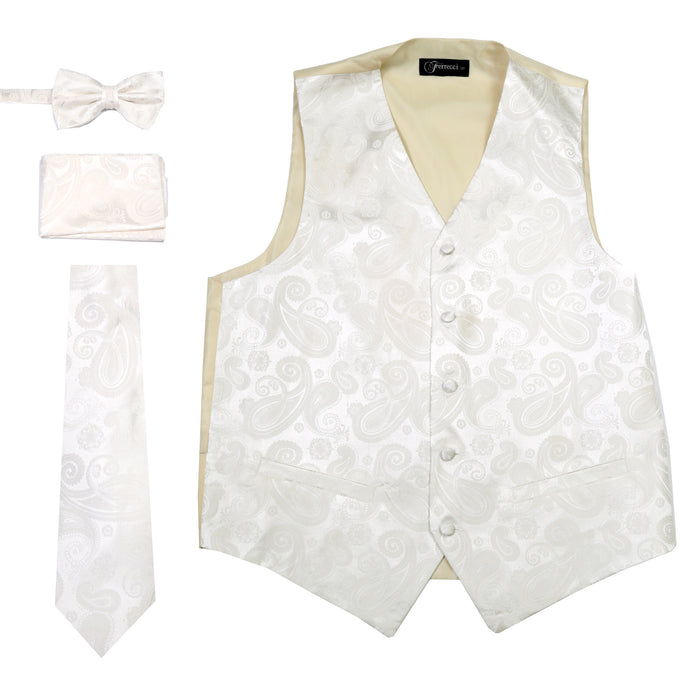 Ferrecci Mens Off-White Paisley Wedding Prom Grad Choir Band 4pc Vest Set - FHYINC best men's suits, tuxedos, formal men's wear wholesale