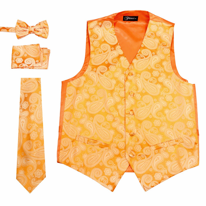 Ferrecci Mens Orange/Orange Paisley Wedding Prom Grad Choir Band 4pc Vest Set - FHYINC best men's suits, tuxedos, formal men's wear wholesale