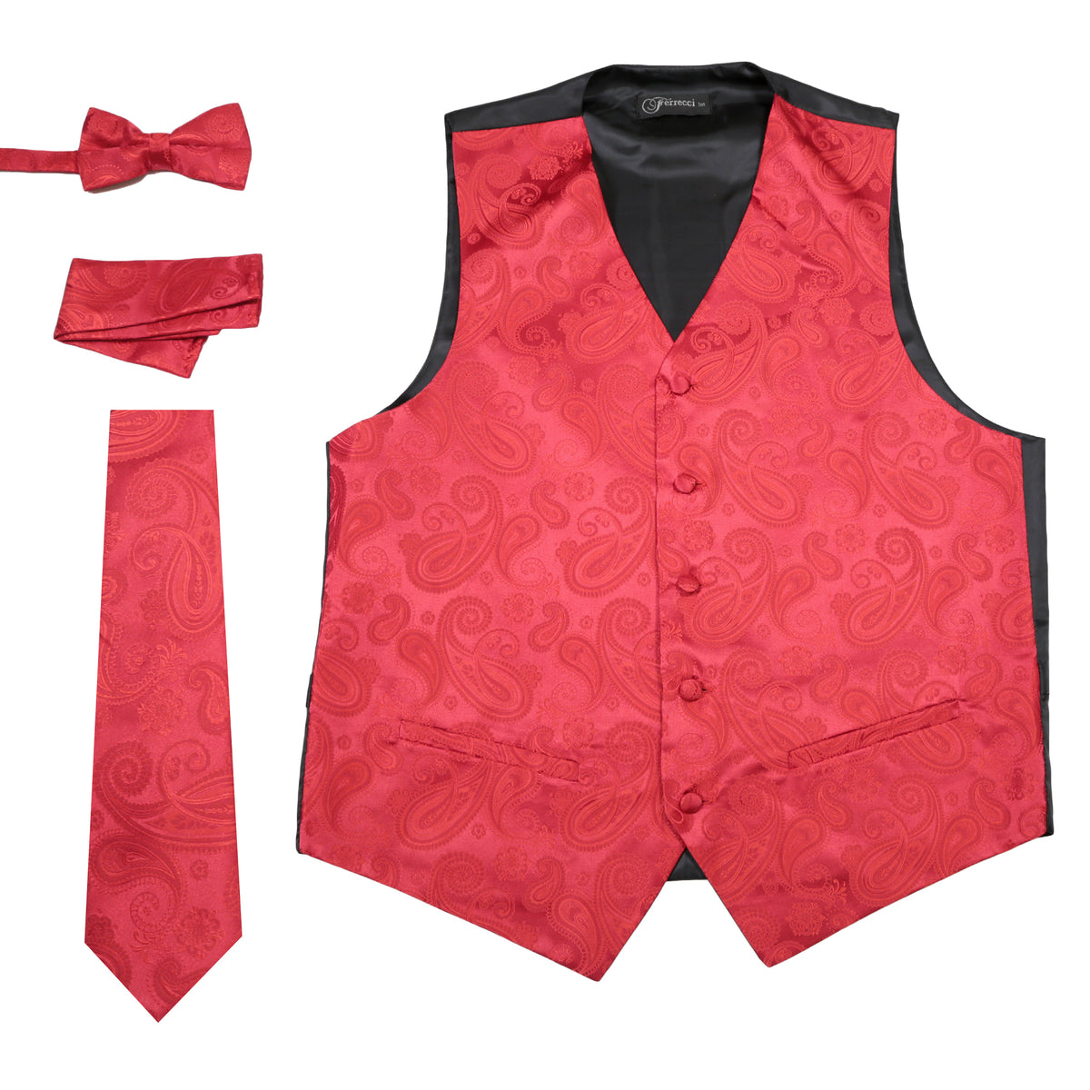 Ferrecci Mens Red Paisley Wedding Prom Grad Choir Band 4pc Vest Set - FHYINC best men's suits, tuxedos, formal men's wear wholesale