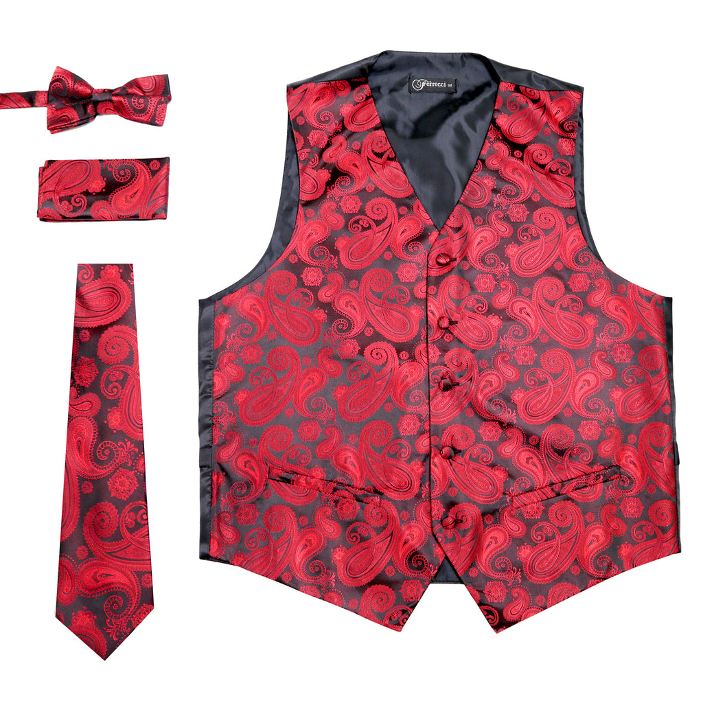 Ferrecci Mens Red/Black Paisley Wedding Prom Grad Choir Band 4pc Vest Set - FHYINC best men