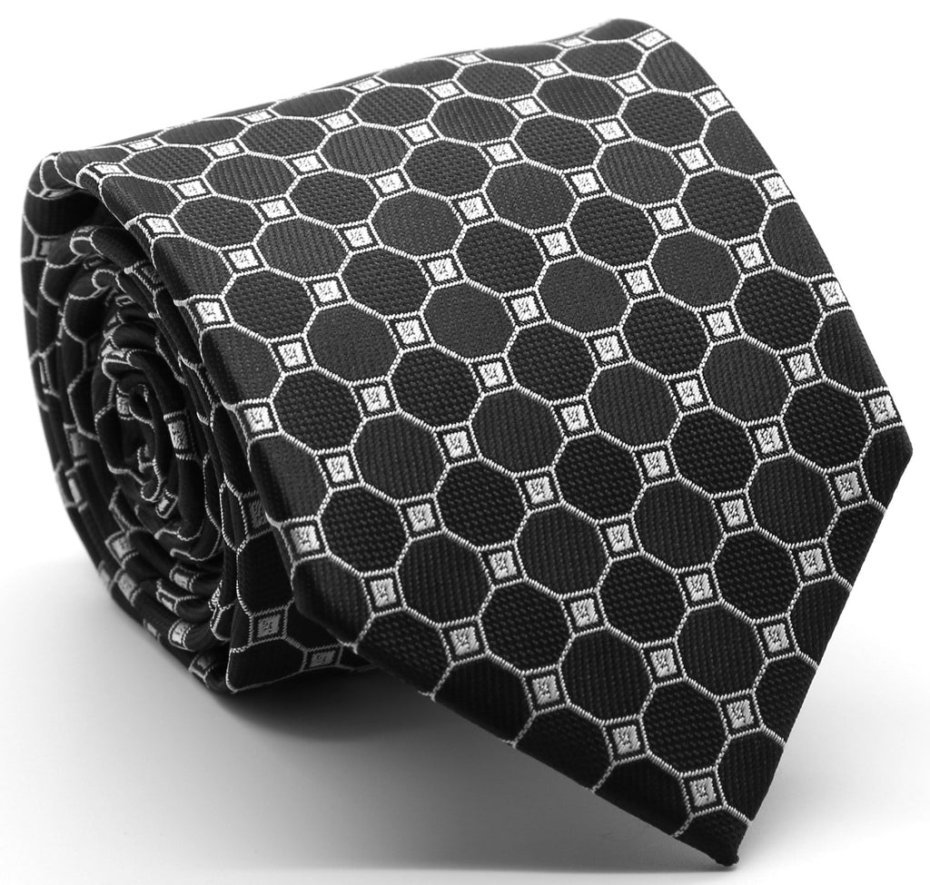 Mens Dads Classic Black Geometric Pattern Business Casual Necktie & Hanky Set W-1 - FHYINC best men