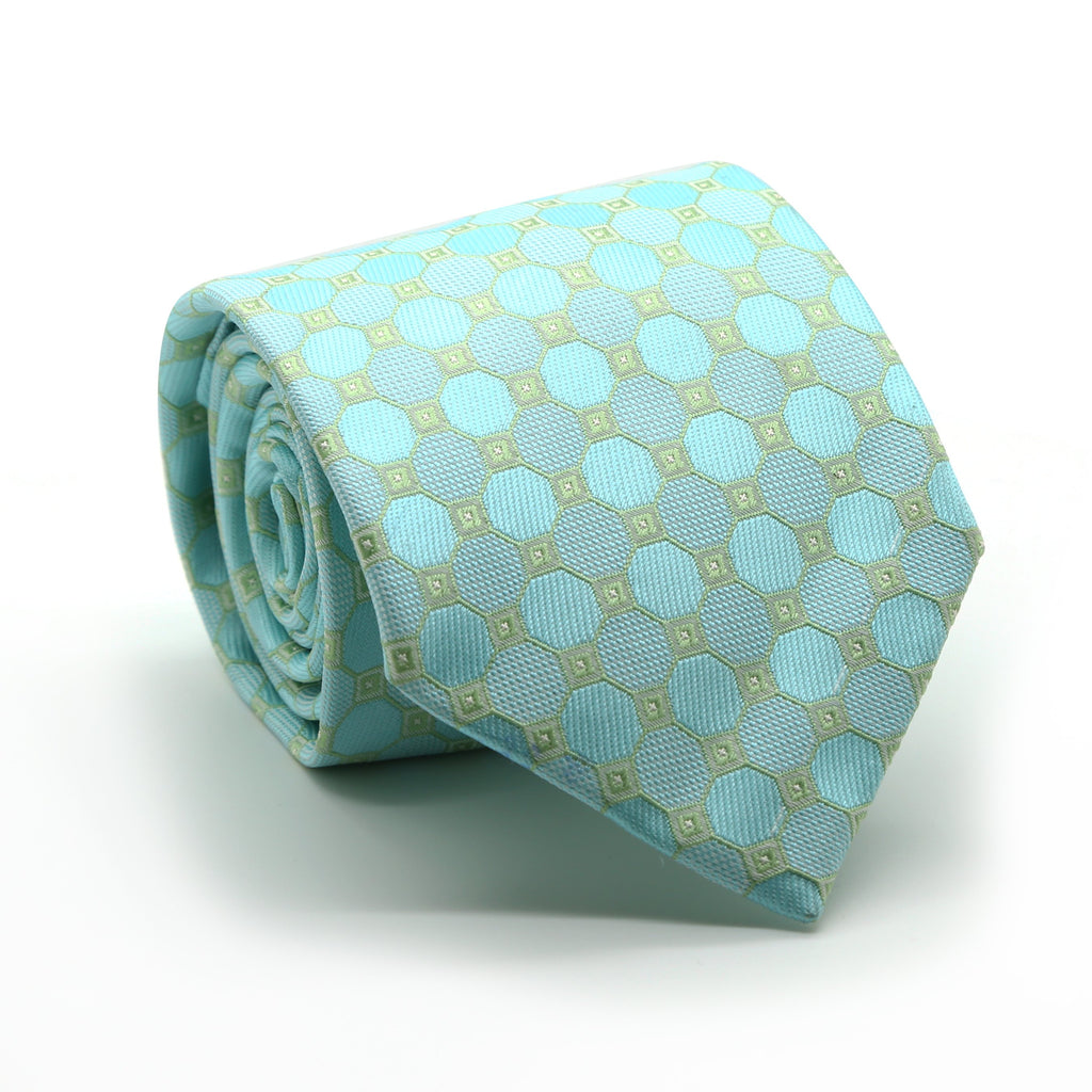 Mens Dads Classic Turquoise Geometric Pattern Business Casual Necktie & Hanky Set W-3 - FHYINC best men
