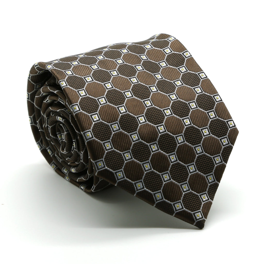 Mens Dads Classic Brown Geometric Pattern Business Casual Necktie & Hanky Set W-5 - FHYINC best men