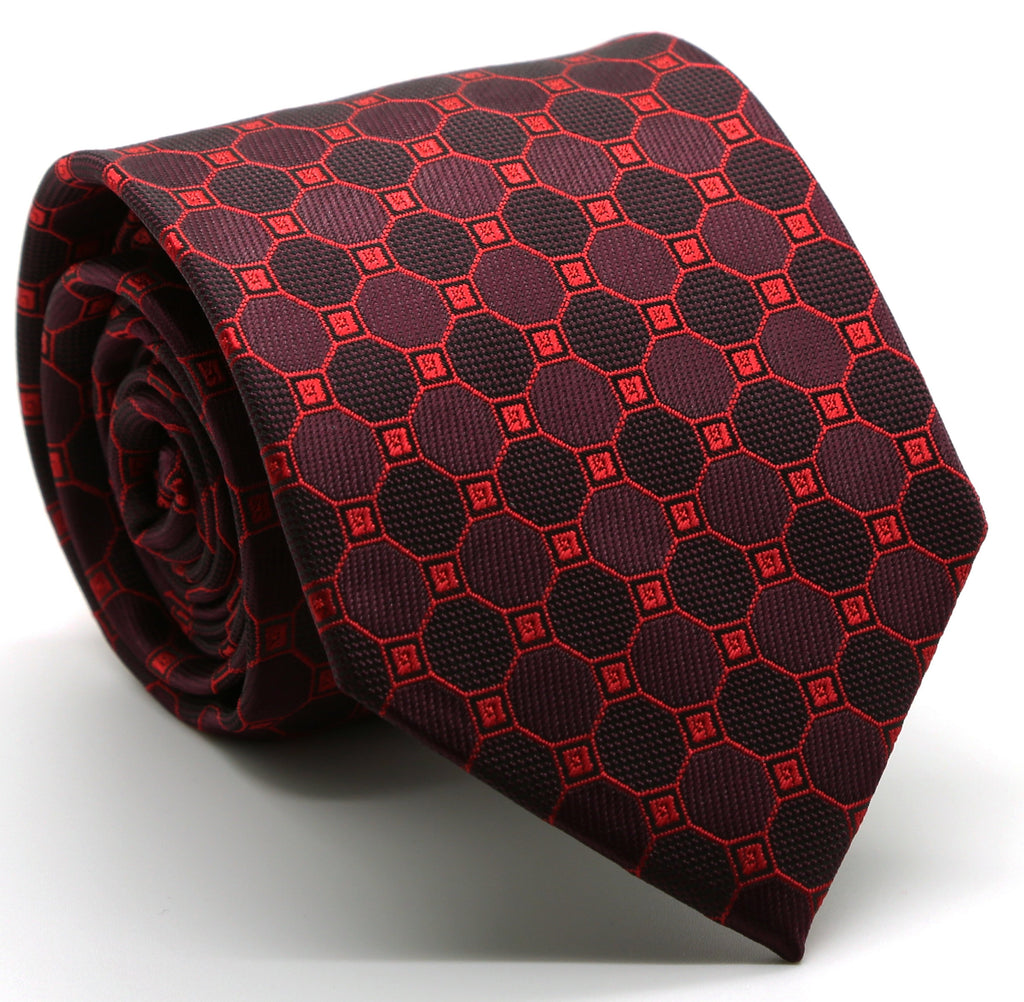 Mens Dads Classic Red Geometric Pattern Business Casual Necktie & Hanky Set W-6 - FHYINC best men