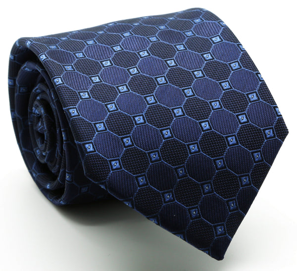 Mens Dads Classic Navy Geometric Pattern Business Casual Necktie & Hanky Set W-7 - FHYINC best men's suits, tuxedos, formal men's wear wholesale