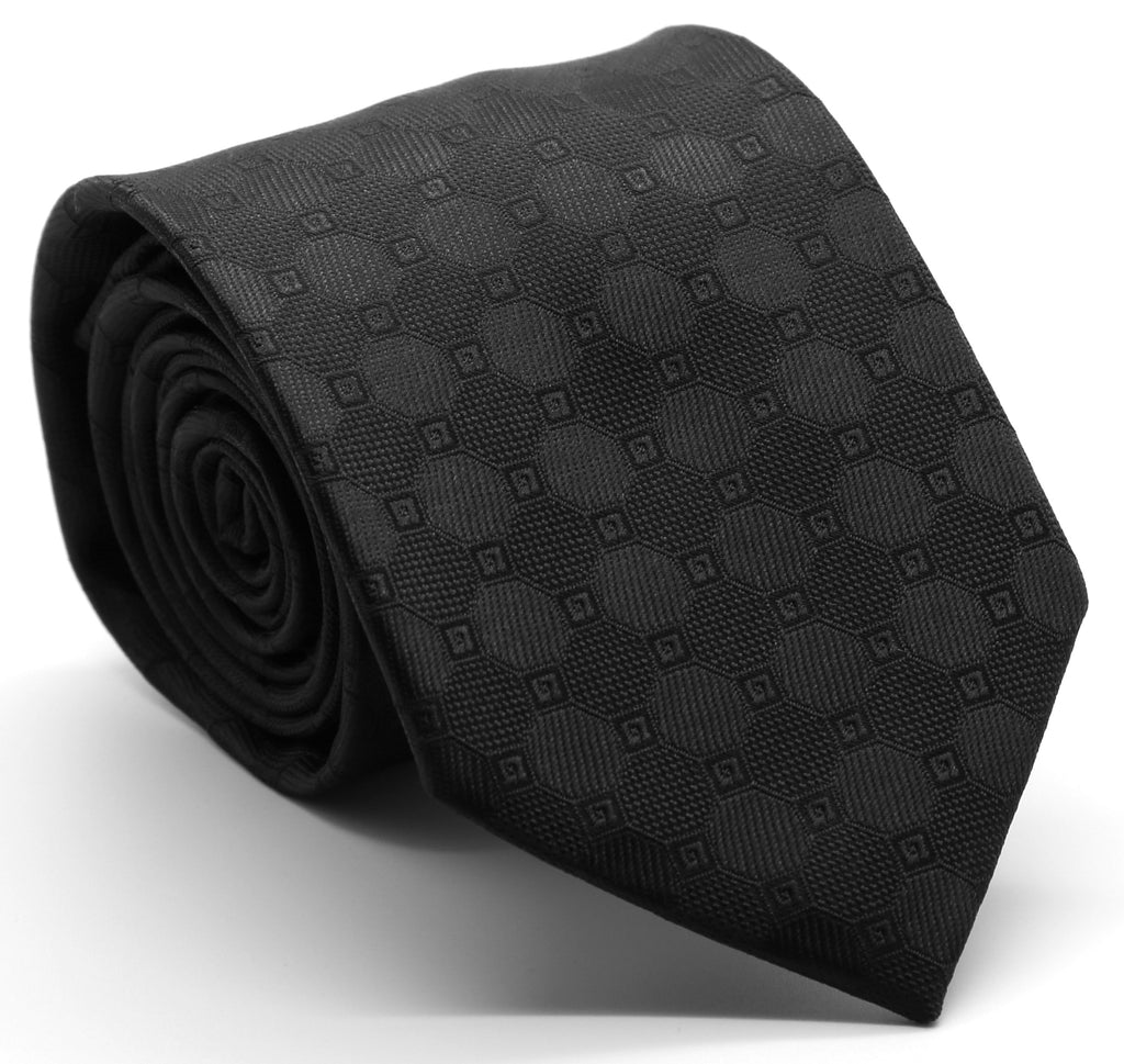 Mens Dads Classic Black Geometric Pattern Business Casual Necktie & Hanky Set W-8 - FHYINC best men