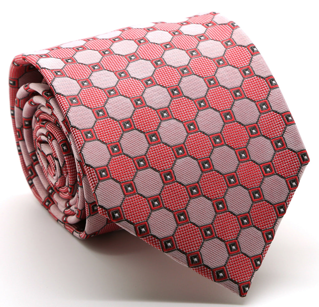 Mens Dads Classic Red Geometric Pattern Business Casual Necktie & Hanky Set W-9 - FHYINC best men