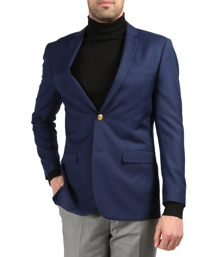 Men's Warwick Gold Button Slim Fit Navy Blazer - FHYINC best men's suits, tuxedos, formal men's wear wholesale