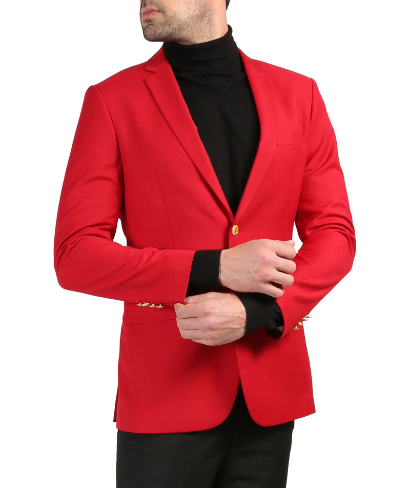 Men's Warwick Gold Button Slim Fit Red Blazer - FHYINC best men's suits, tuxedos, formal men's wear wholesale