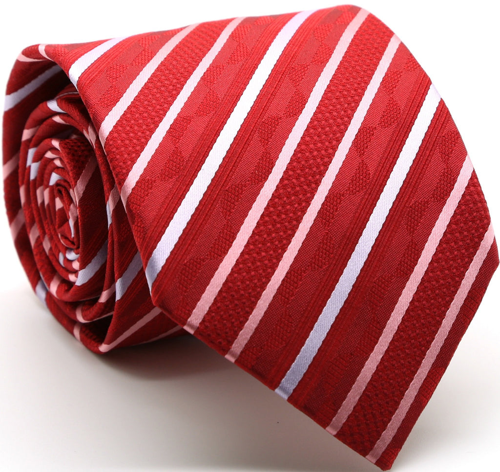 Mens Dads Classic Red Striped Pattern Business Casual Necktie & Hanky Set X-7 - FHYINC best men