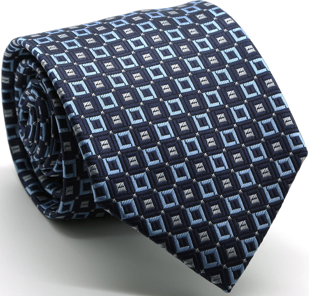 Mens Dads Classic Navy Geometric Pattern Business Casual Necktie & Hanky Set Y-12 - FHYINC best men