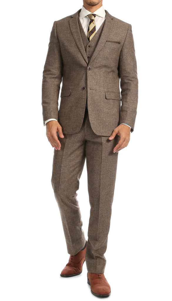 York Brown Slim Fit 3pc Herringbone Suit - FHYINC best men