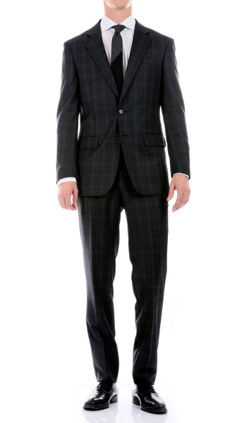 Yves Black Plaid Check Men's Premium 2pc Premium Wool Slim Fit Suit - FHYINC best men's suits, tuxedos, formal men's wear wholesale
